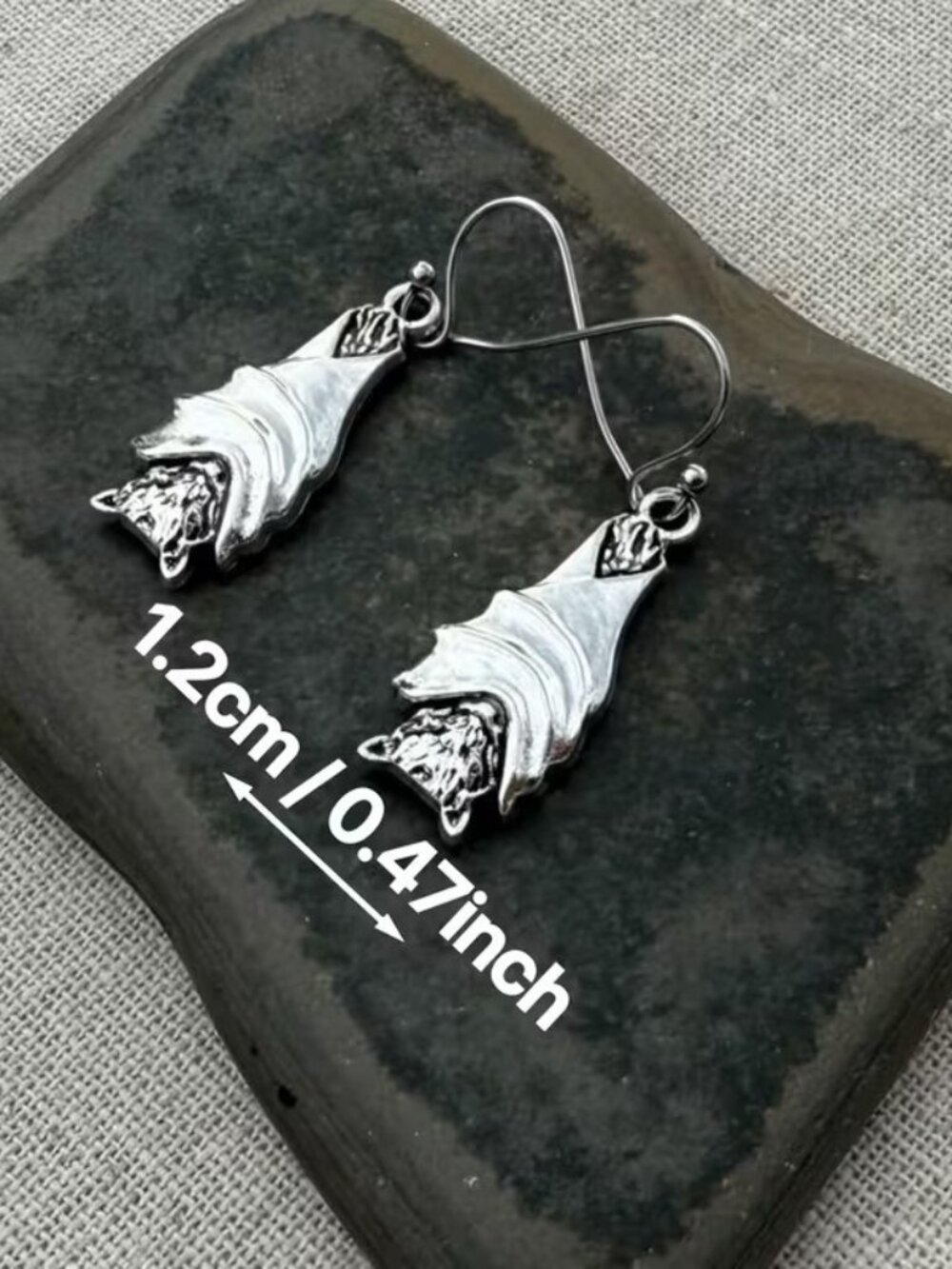 2pc Exquisite Halloween Gothic Upside Down Bat Silver Colored Earrings - Picture 2 of 2